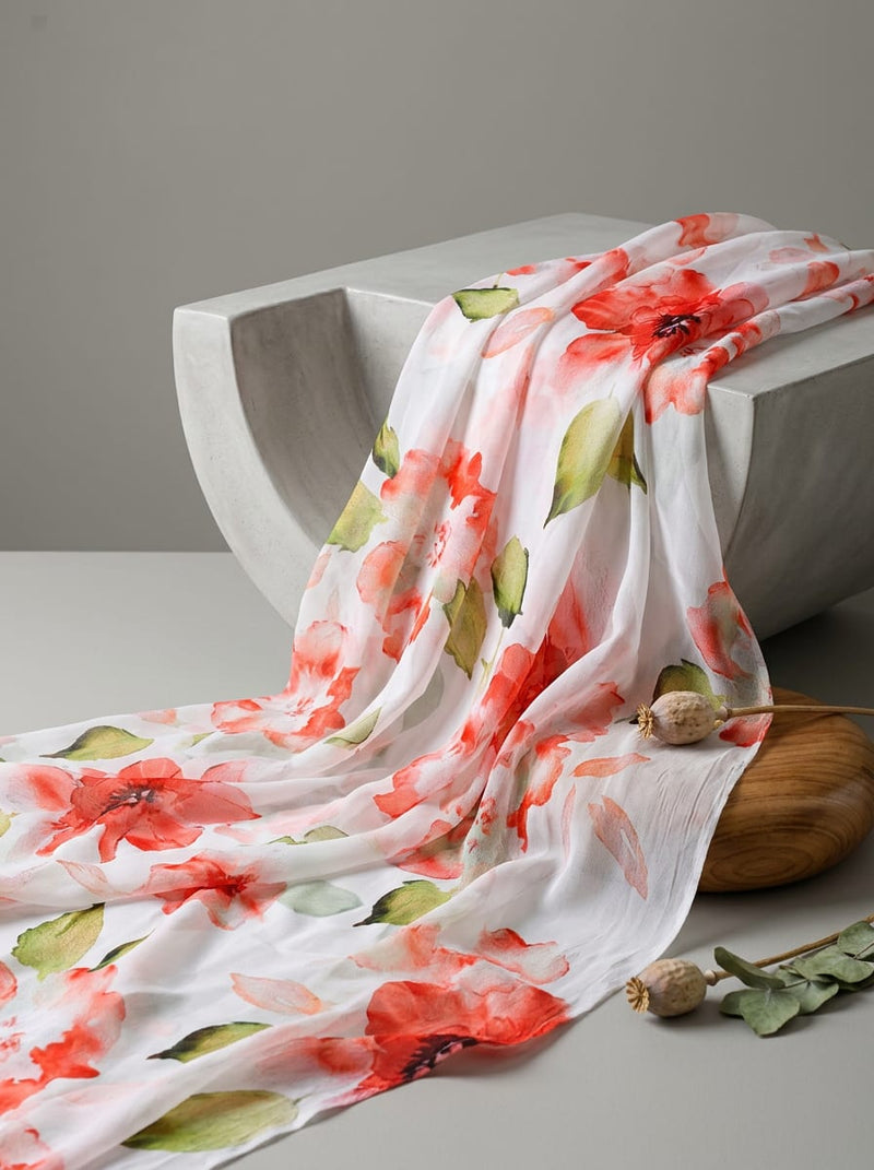 White Watercolour Red Poppy Floral Pure Georgette Digital Printed Fabric