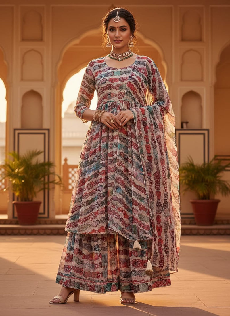 Colourful Round Stripes Digital Printed Fabric - Pure Chiffon