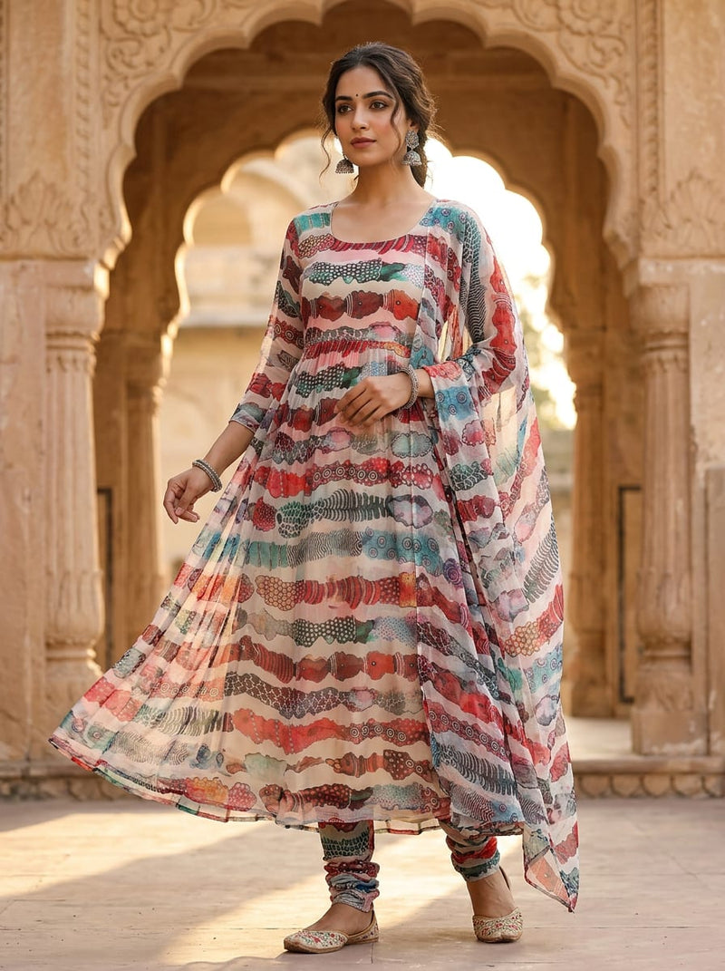 Multicolor Abstract Ethnic Stripe Pattern Pure Chiffon Digital Printed Fabric