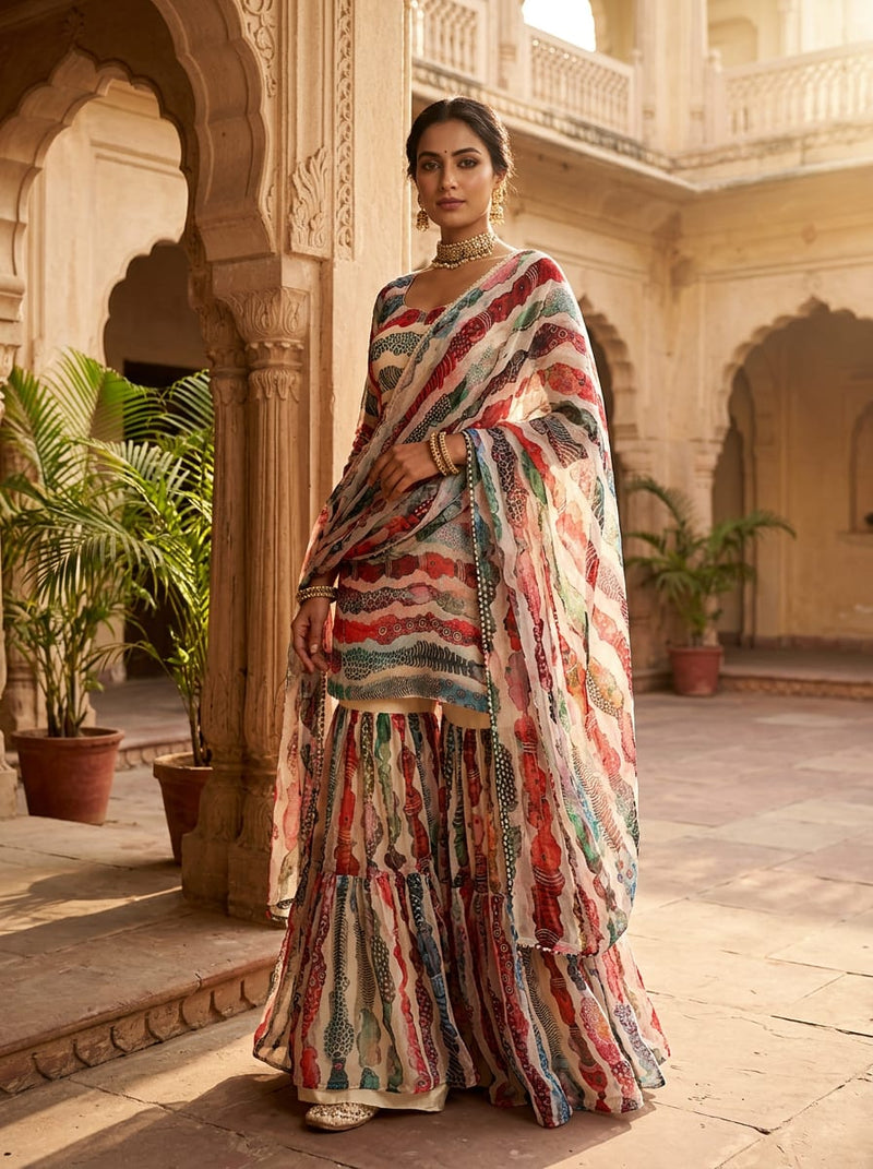 Multicolor Abstract Ethnic Stripe Pattern Pure Chiffon Digital Printed Fabric