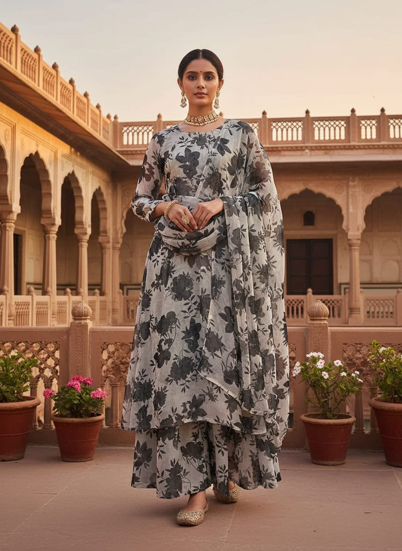 Black Floral Flower Digital Printed Fabric - Pure Chiffon