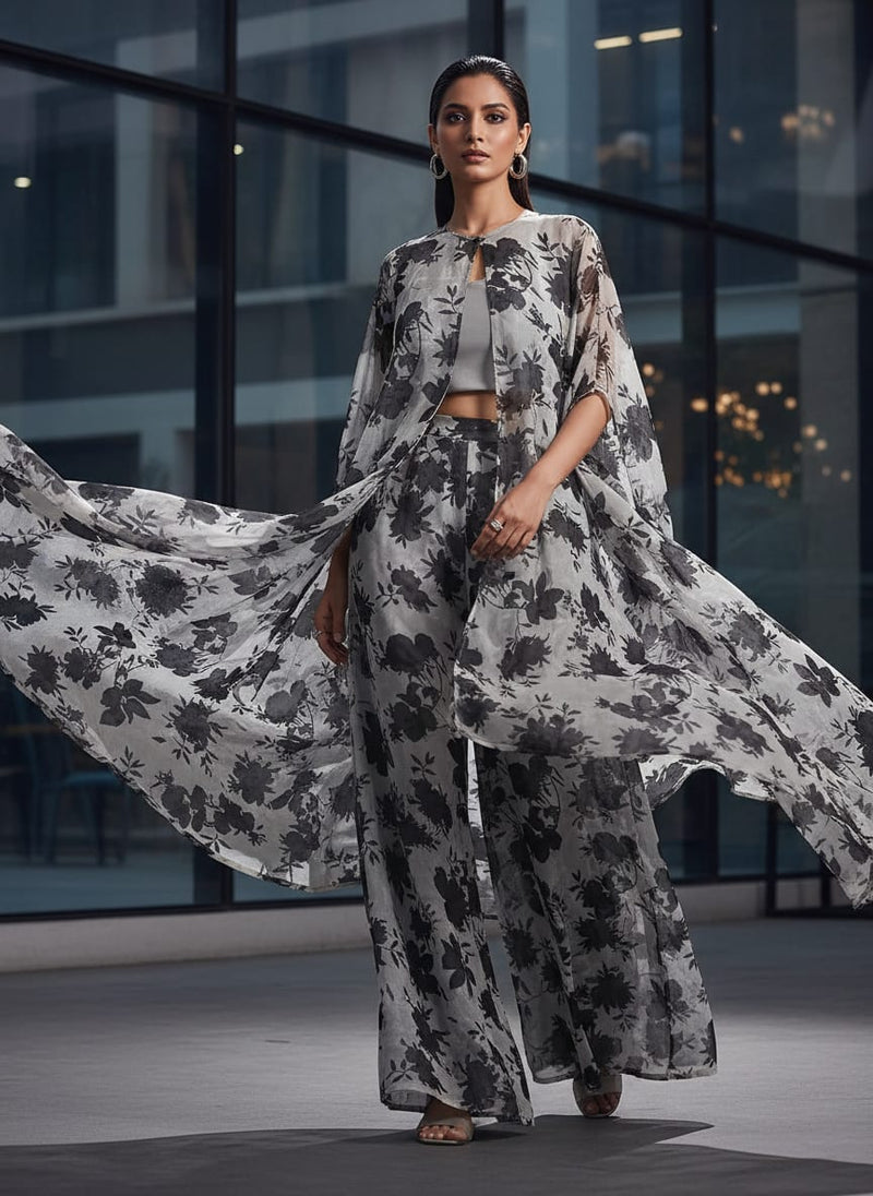 Black Floral Flower Digital Printed Fabric - Pure Chiffon