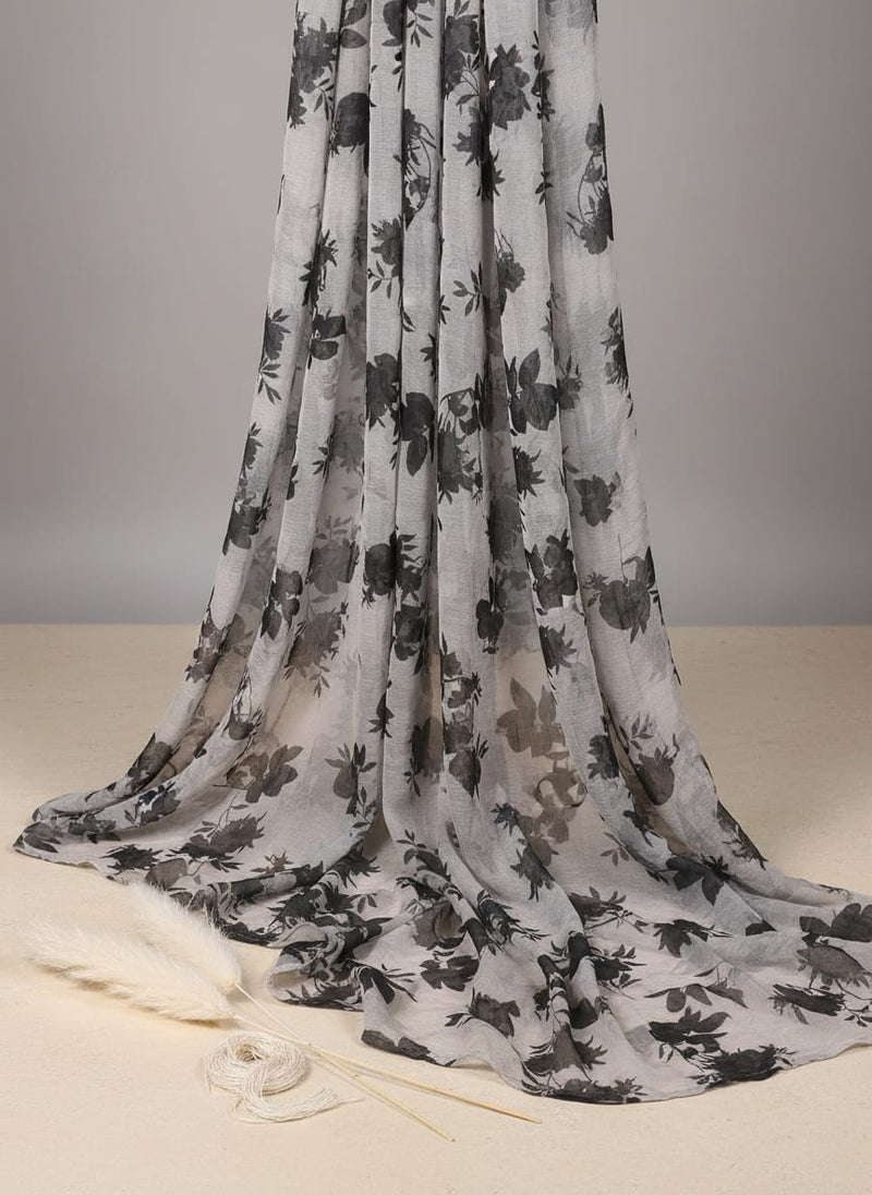 Black Floral Flower Digital Printed Fabric - Pure Chiffon