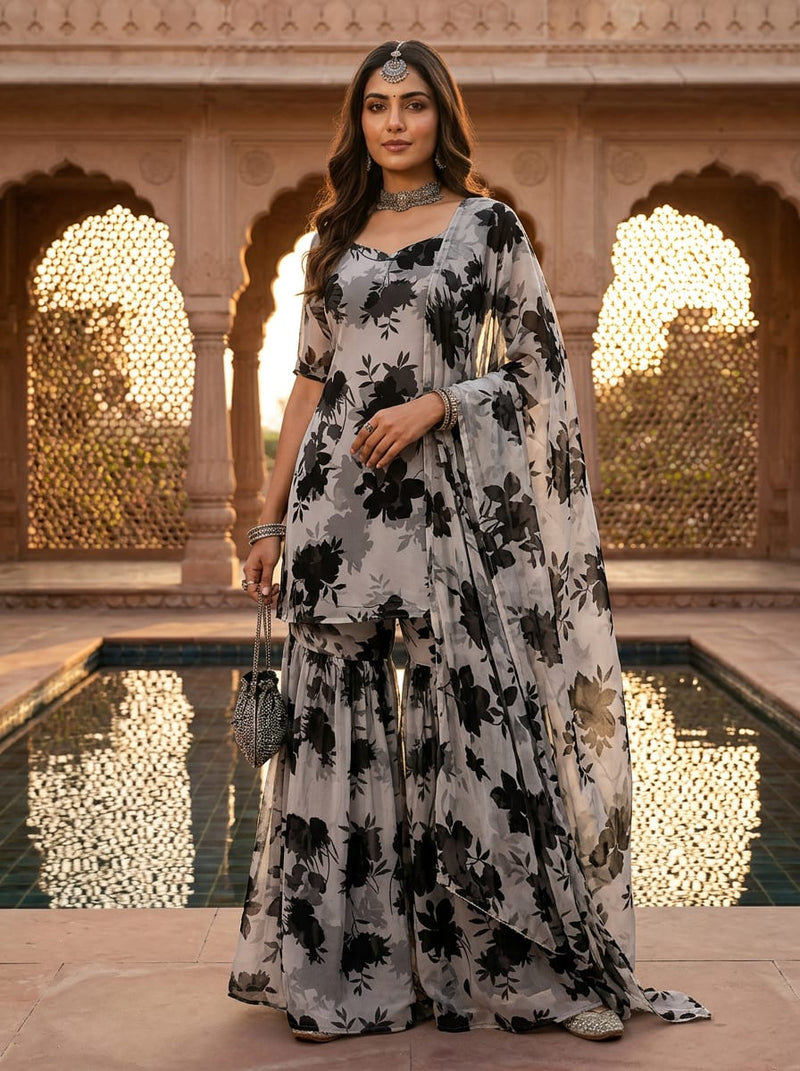 Grey and Black Shadow Floral Pure Chiffon Digital Printed Fabric