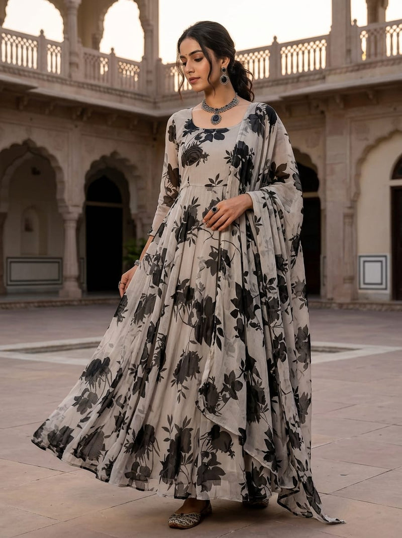 Grey and Black Shadow Floral Pure Chiffon Digital Printed Fabric