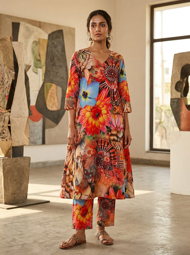 Multicolor Conversational Floral and Sewing Notions Collage Pure Cotton Digital Printed Fabric