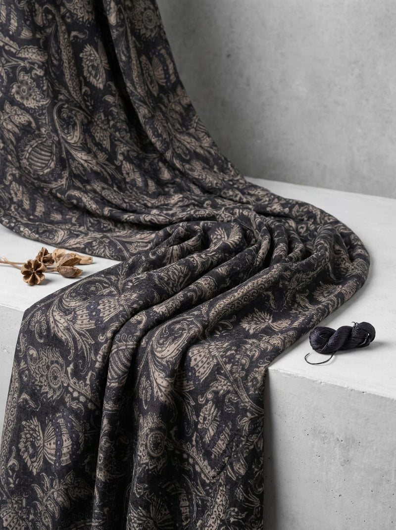 Black Intricate Ethnic Paisley Pure Muslin Digital Printed Fabric