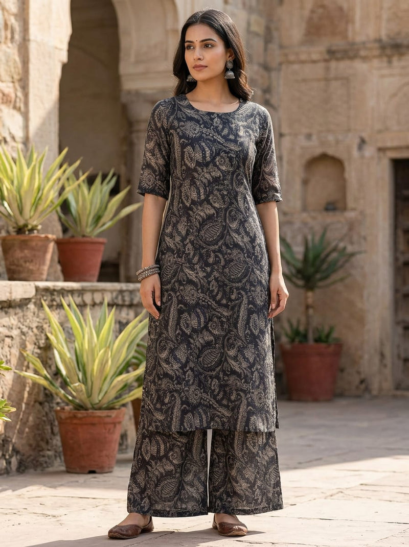 Black Intricate Ethnic Paisley Pure Muslin Digital Printed Fabric