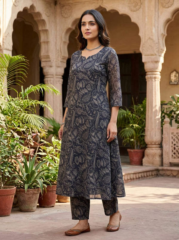 Black Intricate Ethnic Paisley Pure Muslin Digital Printed Fabric - A-Line Kurta with Salwar Lookbook - PM-0-MA06308-110 - alternate view