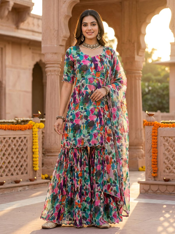 Multicolor Colorful Abstract Brushstrokes Pure Chinon Digital Printed Fabric - Sharara Set Lookbook - PC-0-MA08355-106 - alternate view