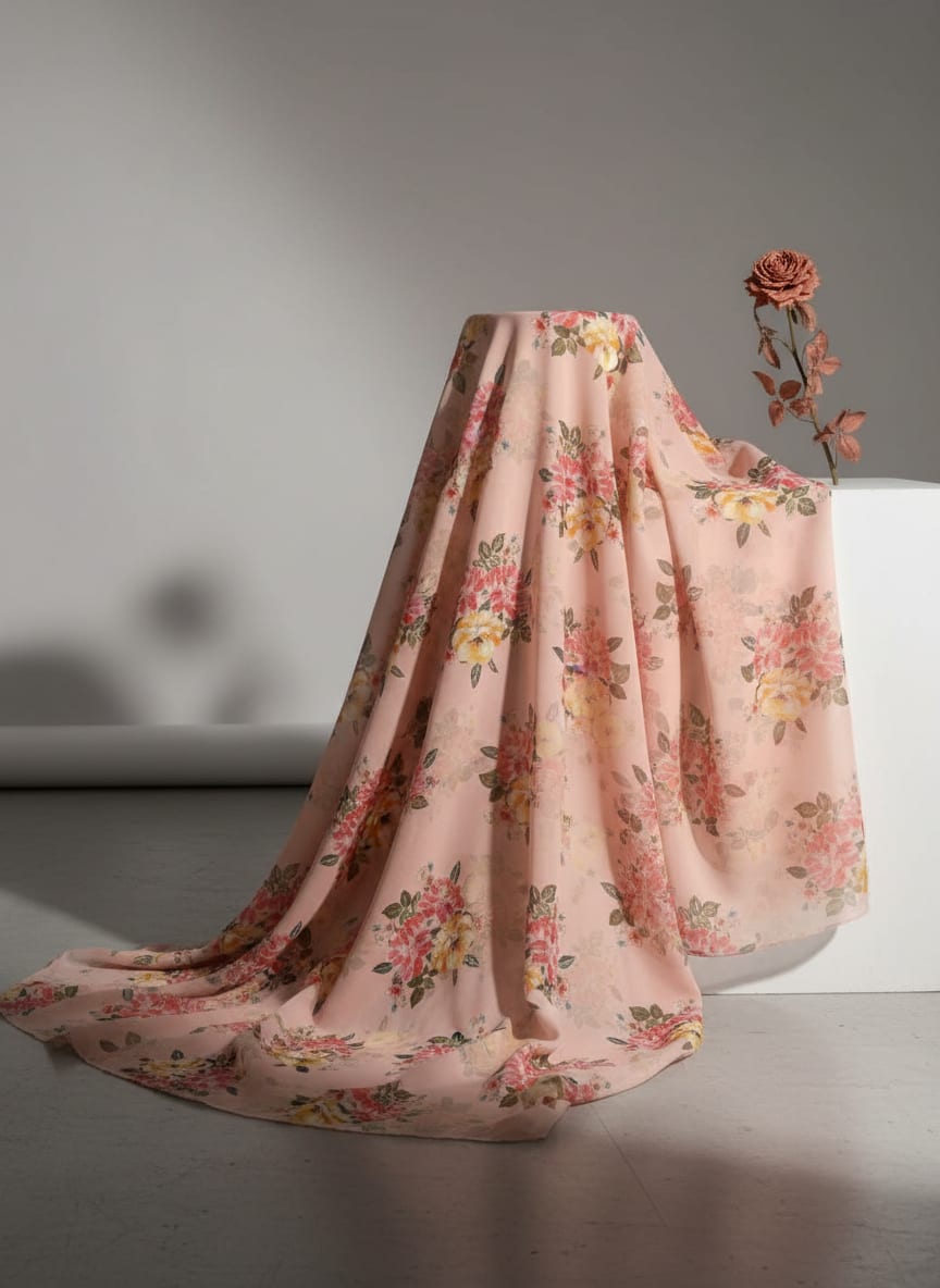 Colorful Floral Peach-Base Digital Printed Fabric - Organza