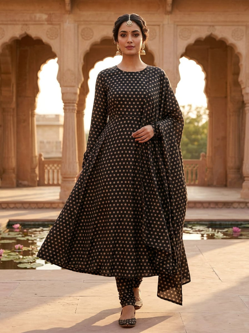 Black Classic Polka Dot Upada Silk Digital Printed Fabric