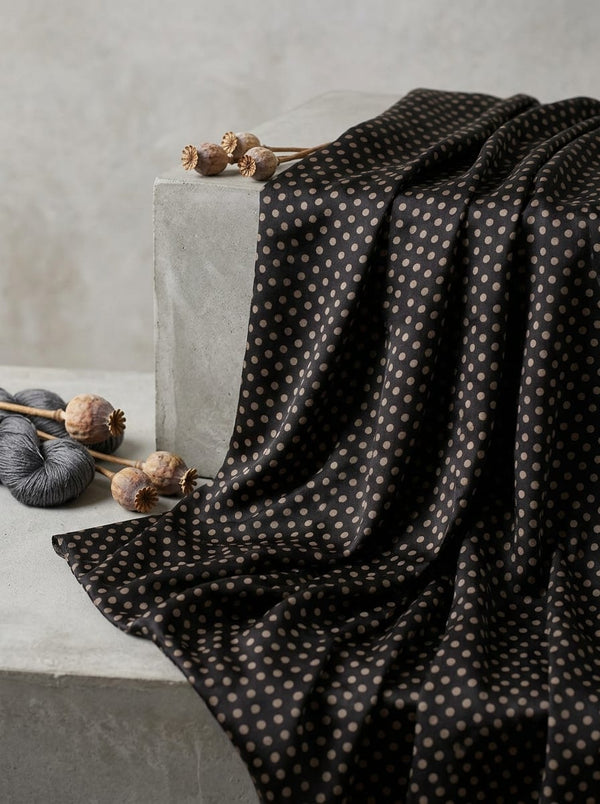 Black Classic Polka Dot Upada Silk Digital Printed Fabric - Fabric Editorial Studio Flatlay Lookbook - US-0-TA07635-110