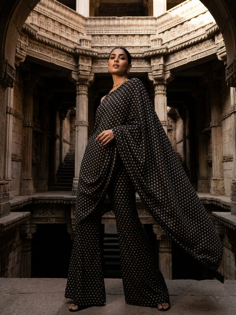 Black Classic Polka Dot Upada Silk Digital Printed Fabric