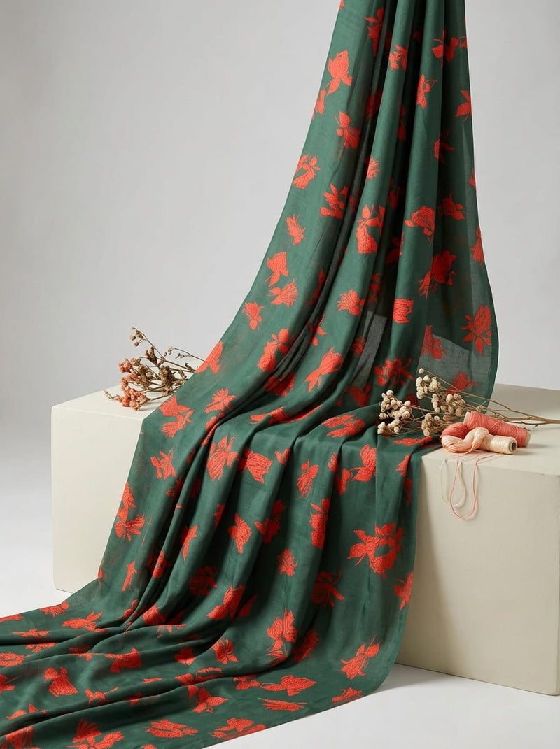 Green Scattered Red Floral Muslin Digital Printed Fabric