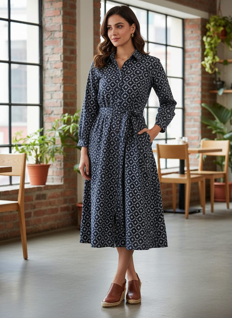 Attractive Tiny Blue Star Ogee Digital Printed Fabric - Pure Cotton