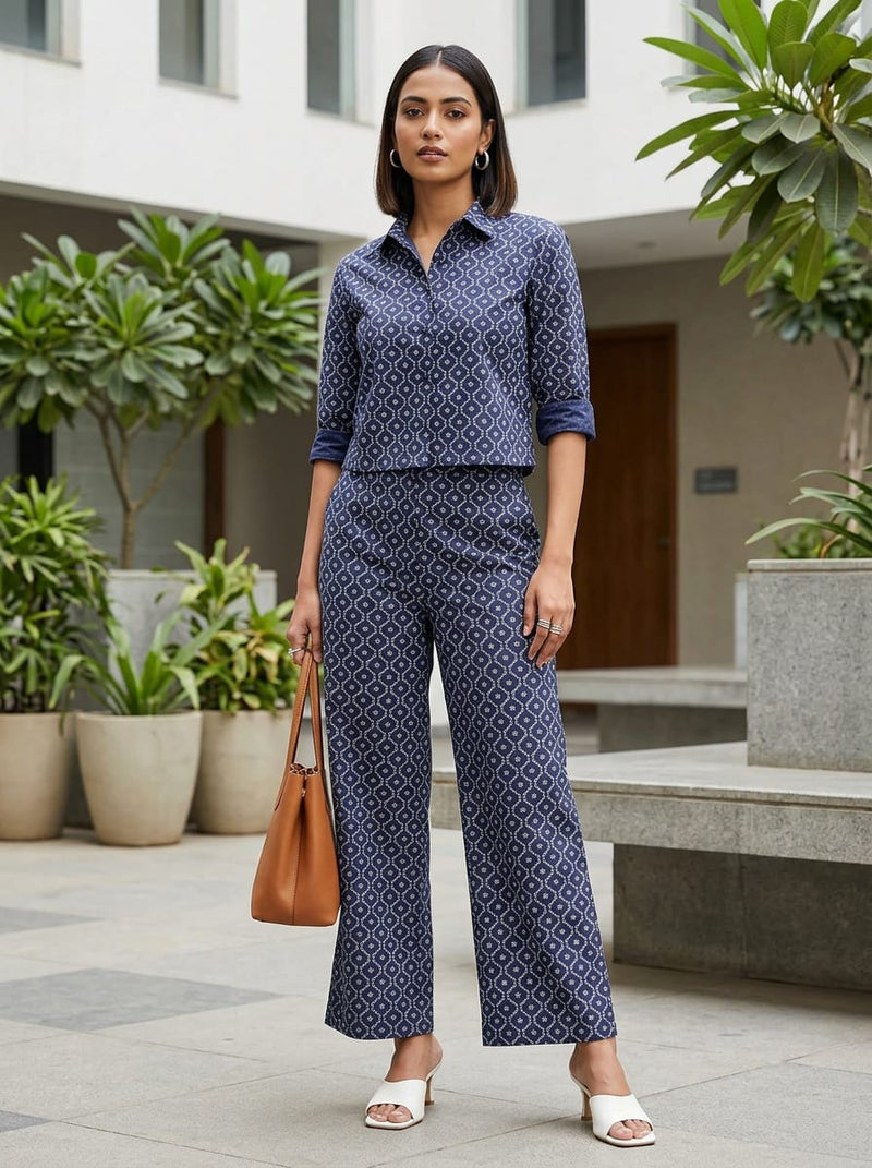Navy Blue Dainty Floral Lattice Pure Cotton Digital Printed Fabric