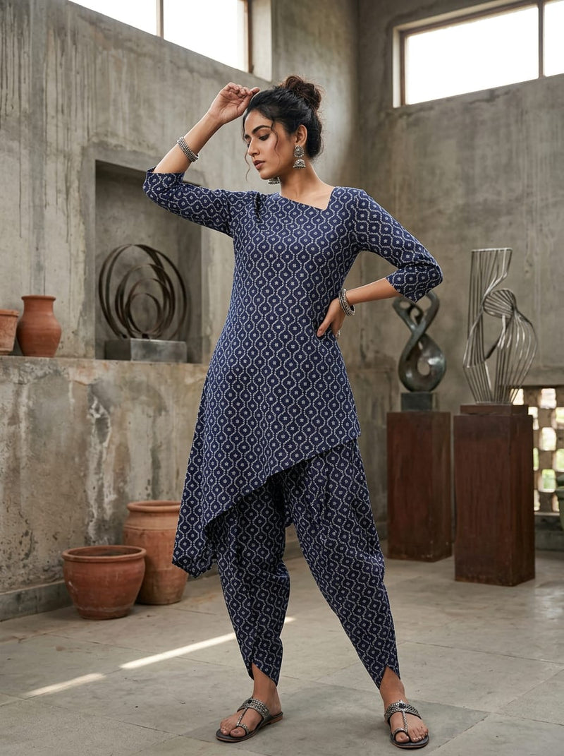 Navy Blue Dainty Floral Lattice Pure Cotton Digital Printed Fabric