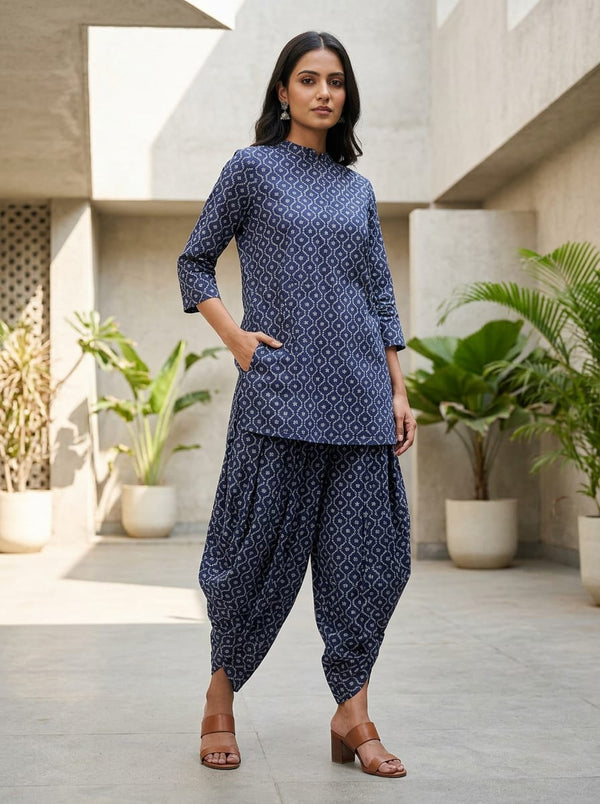Navy Blue Dainty Floral Lattice Pure Cotton Digital Printed Fabric - Dhoti Pants with Kurta Lookbook - PCO-0-MA0205-108 - alternate view