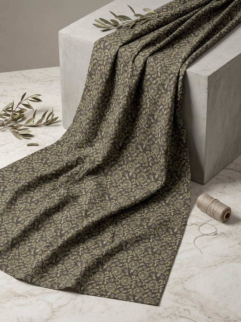 Brown Small Ethnic Floral Jaal Pure Cotton Digital Printed Fabric