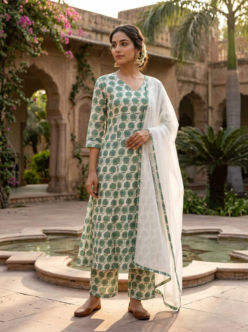 Green Ethnic Floral Buti Pure Cotton Digital Printed Fabric