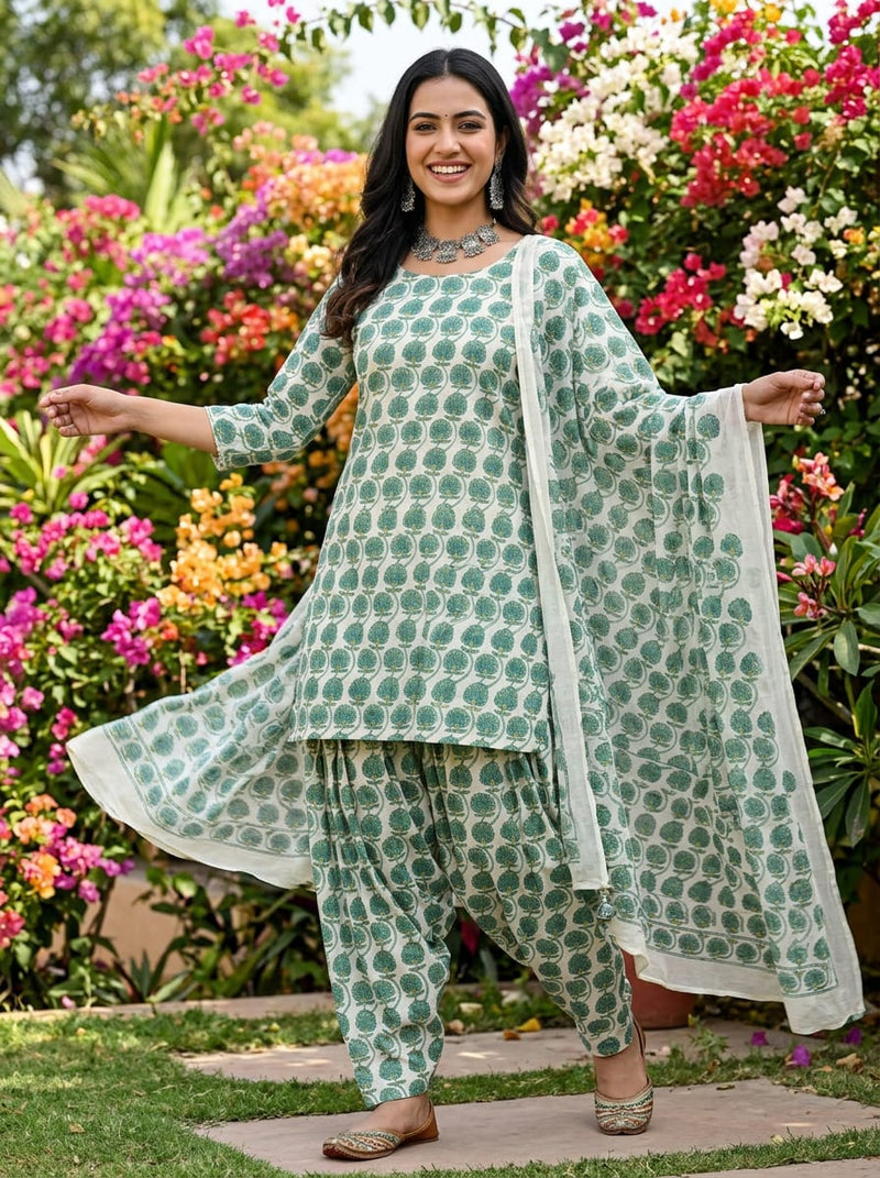 Green Ethnic Floral Buti Pure Cotton Digital Printed Fabric