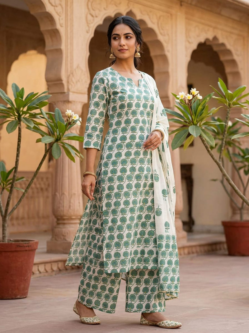 Green Ethnic Floral Buti Pure Cotton Digital Printed Fabric