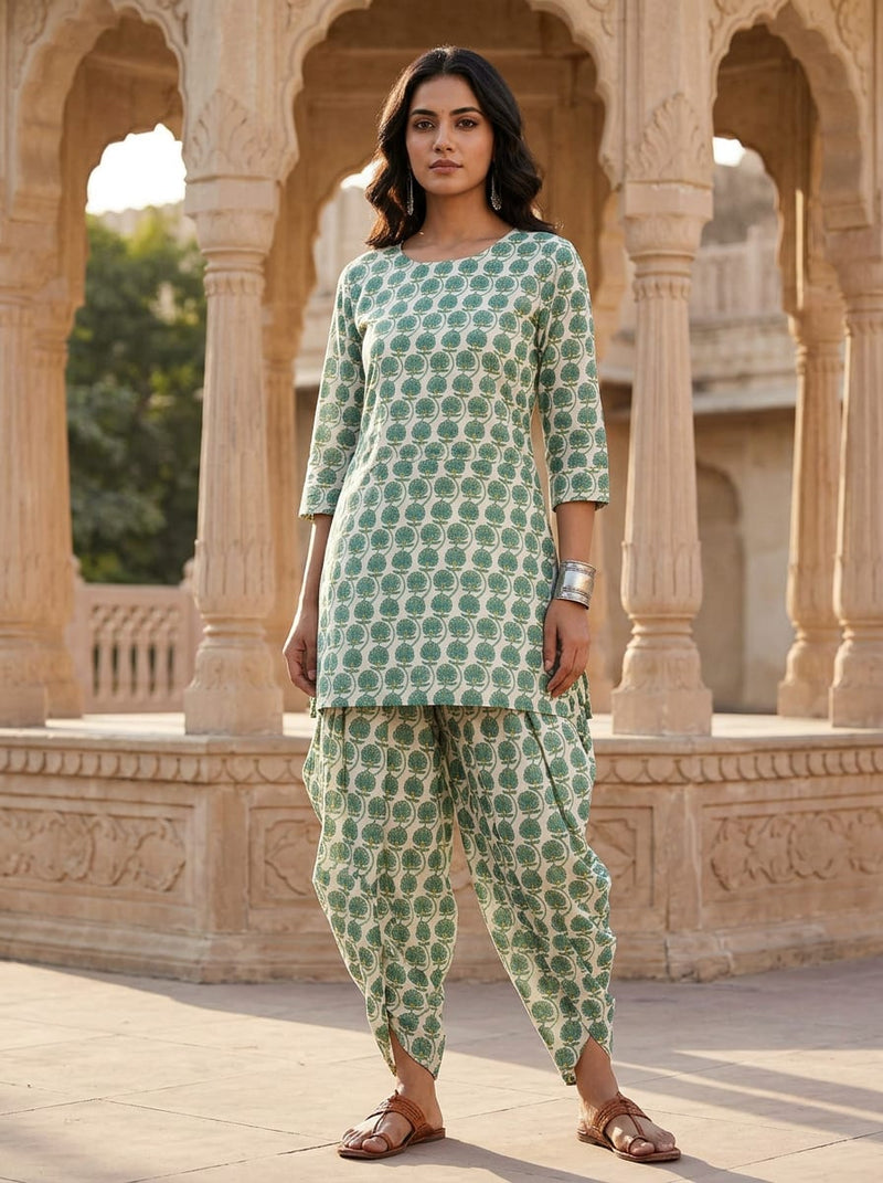 Green Ethnic Floral Buti Pure Cotton Digital Printed Fabric