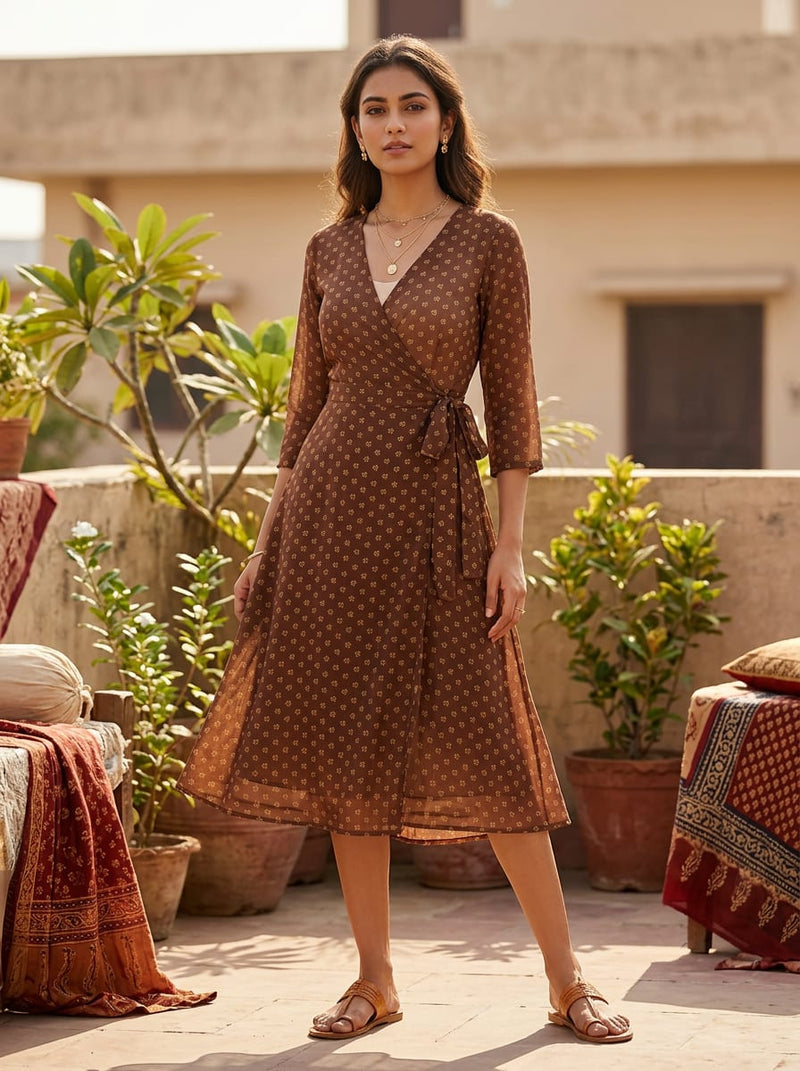 Brown Small Floral Buti Weightless Digital Printed Fabric