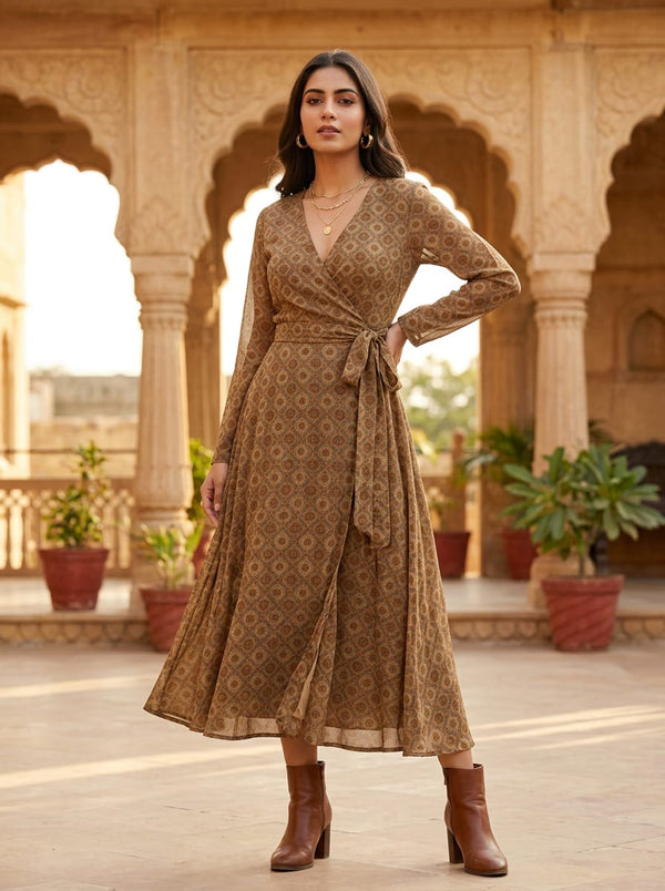 Brown Ethnic Geometric Tile Pattern Weightless Digital Printed Fabric - Wrap Dress Lookbook - WE-0-MA0424-110 - alternate view