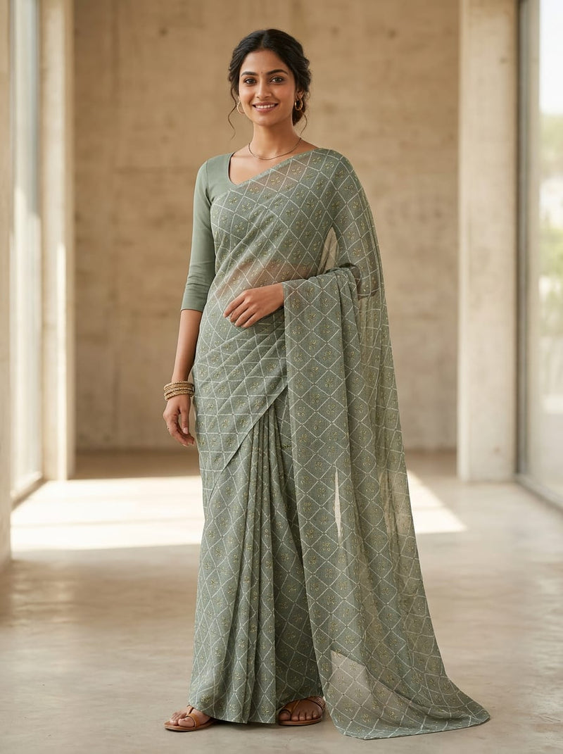 Olive Geometric Jaal with Leaf Motifs Weightless Digital Printed Fabric