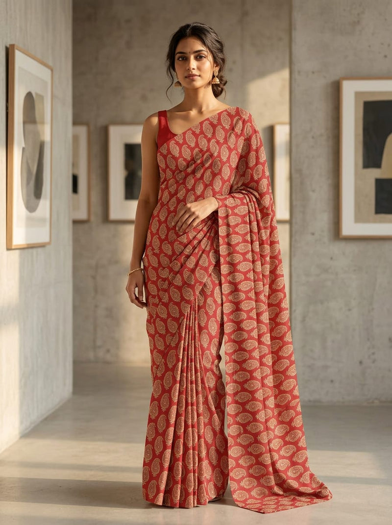 Red Ethnic Paisley Pattern Silk Crepe Digital Printed Fabric