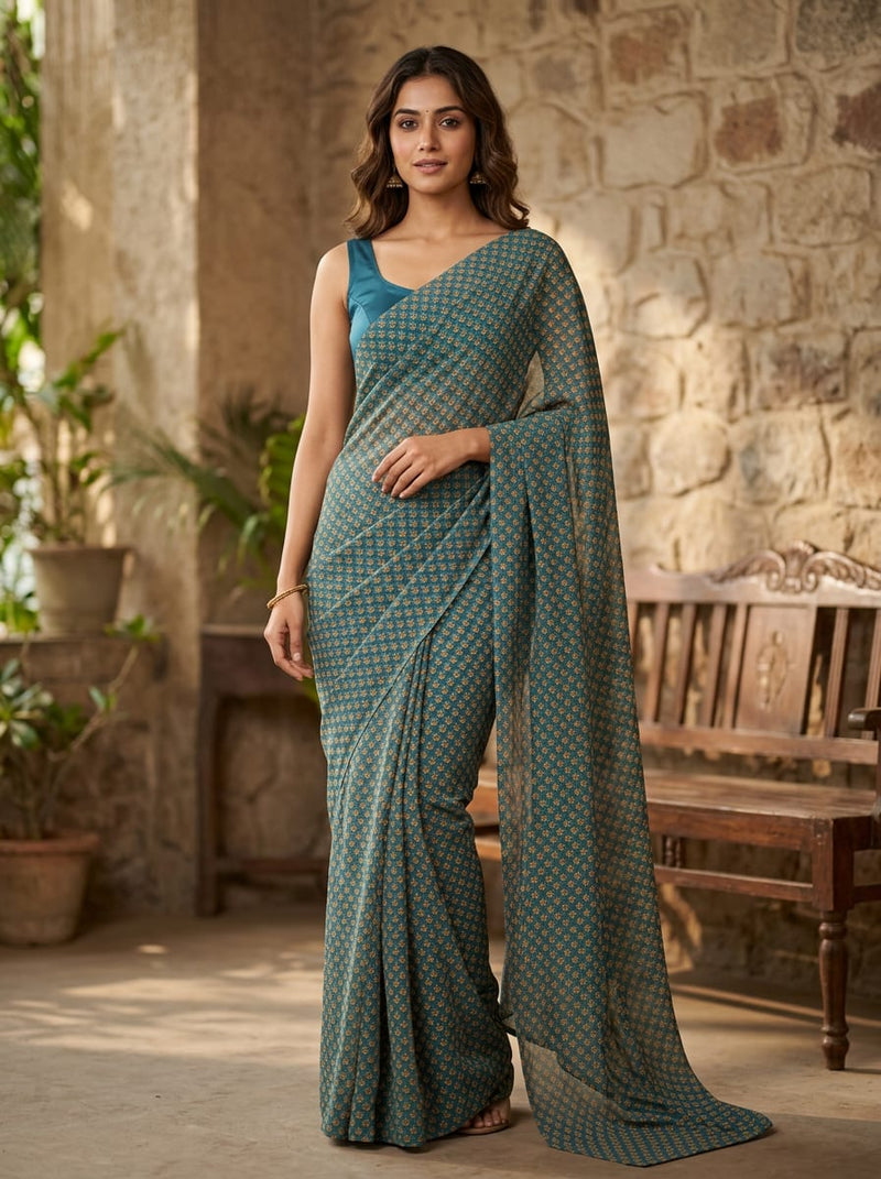 Teal Small Ethnic Buti Print Pure Georgette Digital Printed Fabric