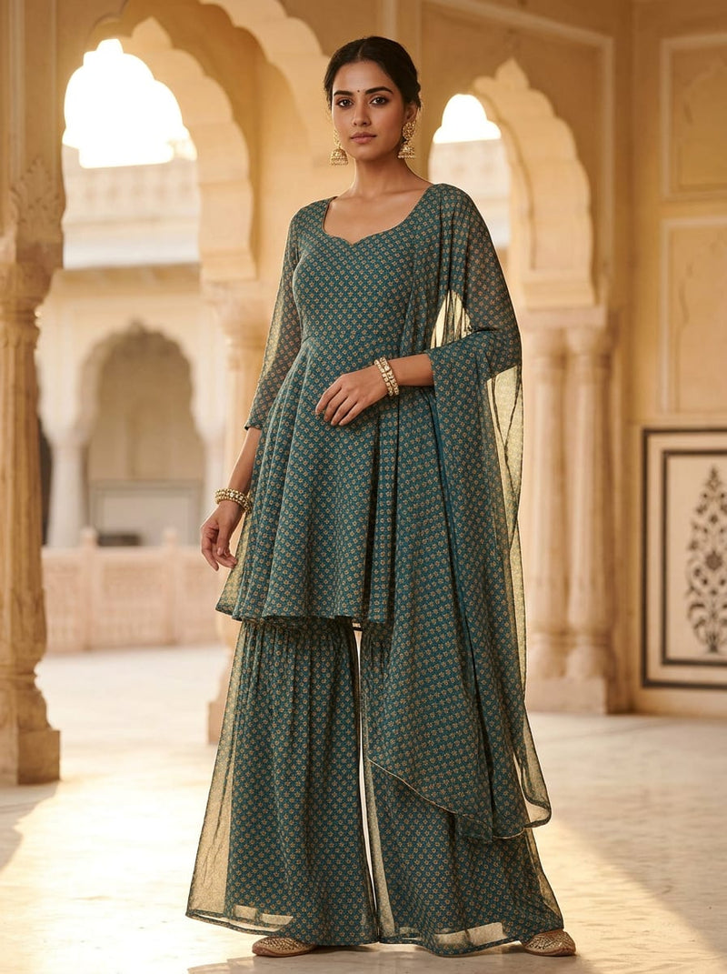 Teal Small Ethnic Buti Print Pure Georgette Digital Printed Fabric