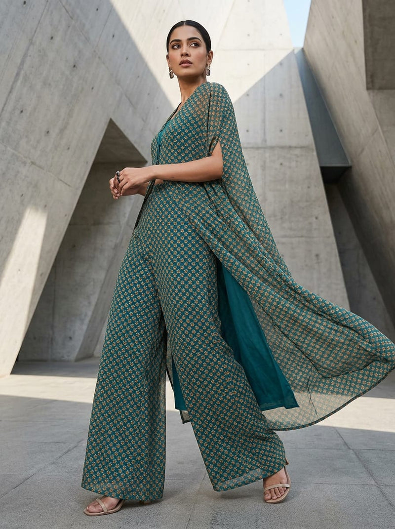 Teal Small Ethnic Buti Print Pure Georgette Digital Printed Fabric