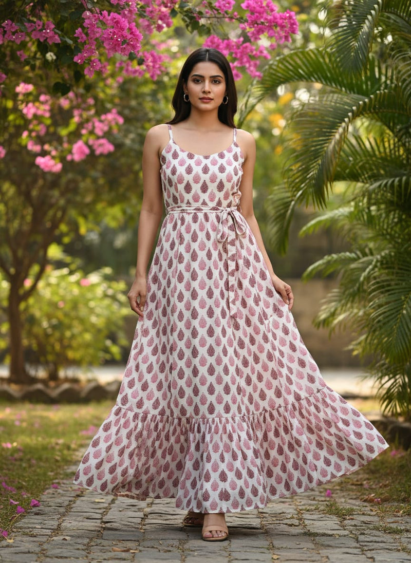 Lovely Pink And Brown Hand Block Leaves Digital Printed Fabric - Pure Georgette