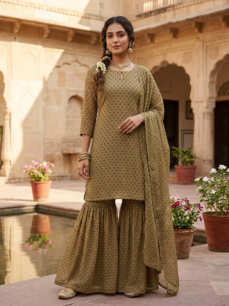 Olive Small Ethnic Buti Print Pure Georgette Digital Printed Fabric