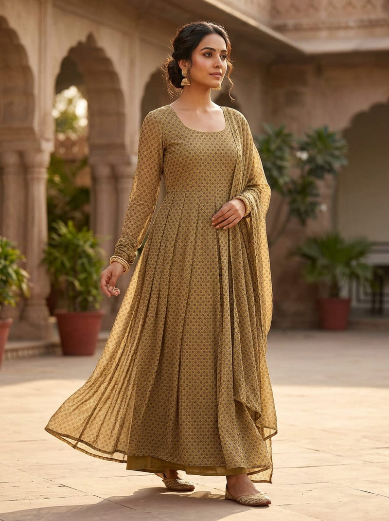 Olive Small Ethnic Buti Print Pure Georgette Digital Printed Fabric