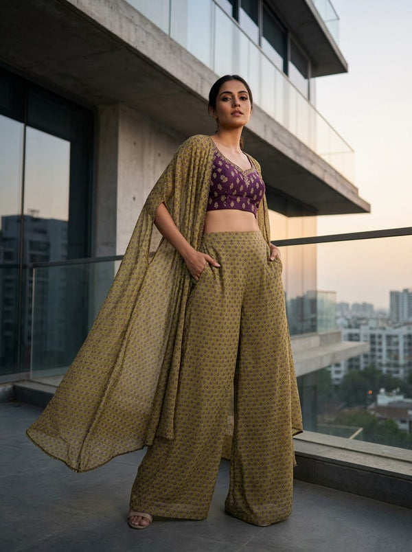 Olive Small Ethnic Buti Print Pure Georgette Digital Printed Fabric - Cape with Palazzo Lookbook - PG-0-MA0615-110 - alternate view