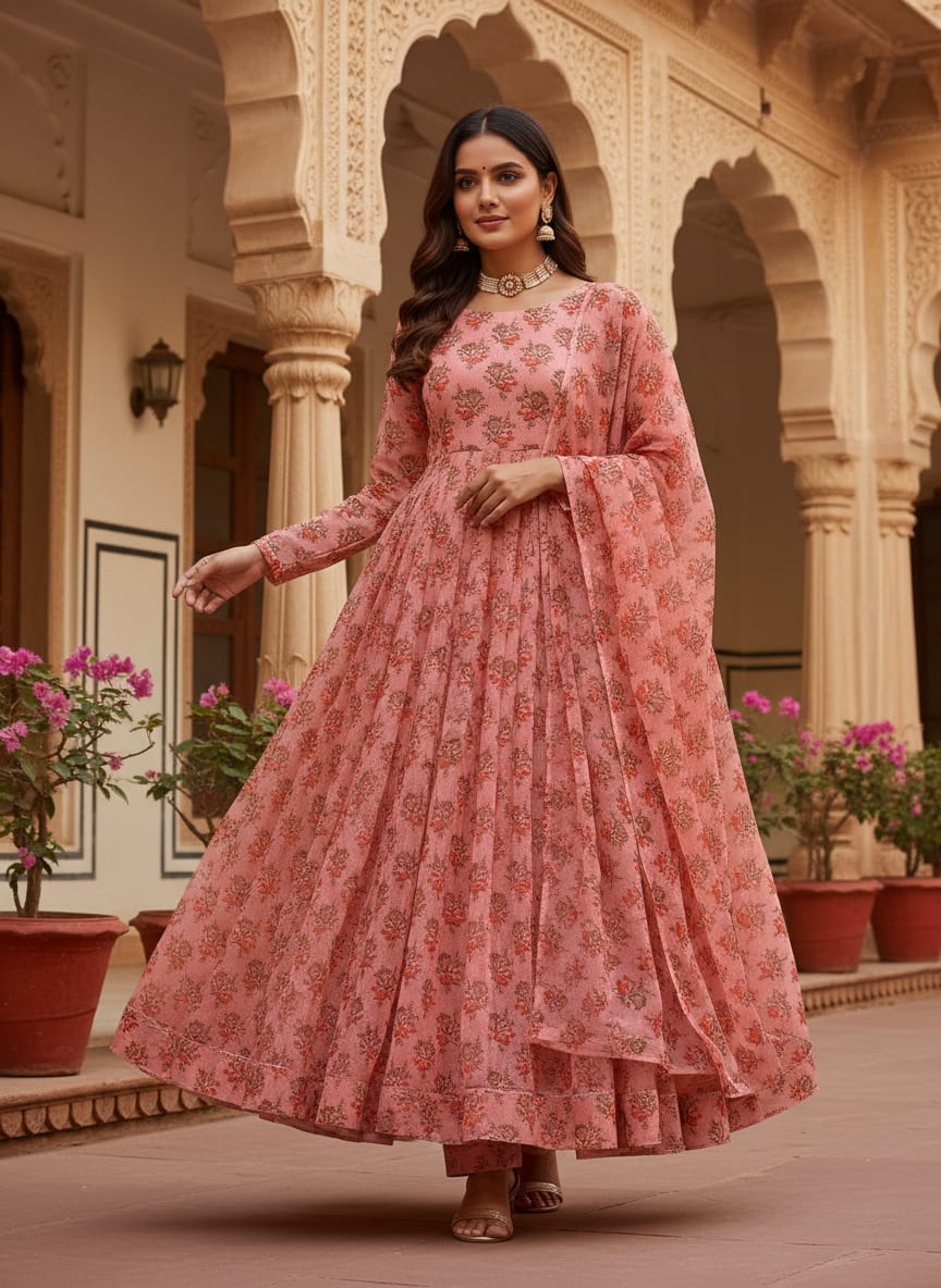 Cool Summer Simple Pink Flower With Leaves Digital Printed Fabric - Pure Georgette