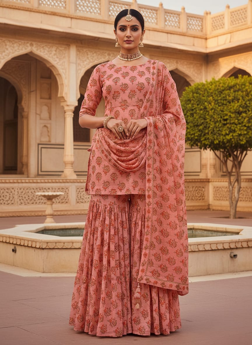 Cool Summer Simple Pink Flower With Leaves Digital Printed Fabric - Pure Georgette
