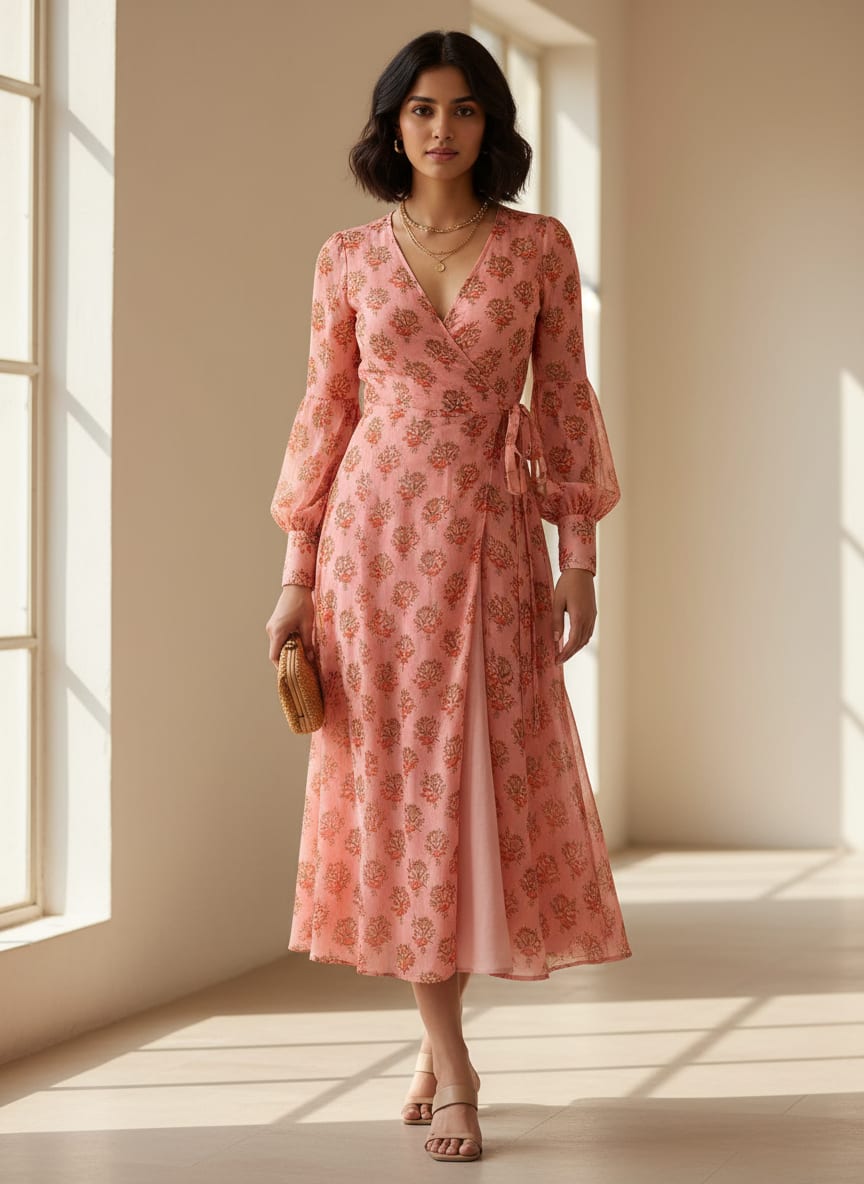 Cool Summer Simple Pink Flower With Leaves Digital Printed Fabric - Pure Georgette