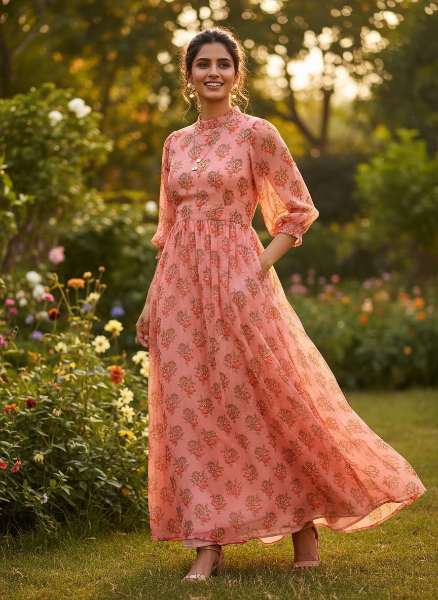 Cool Summer Simple Pink Flower With Leaves Digital Printed Fabric - Pure Georgette