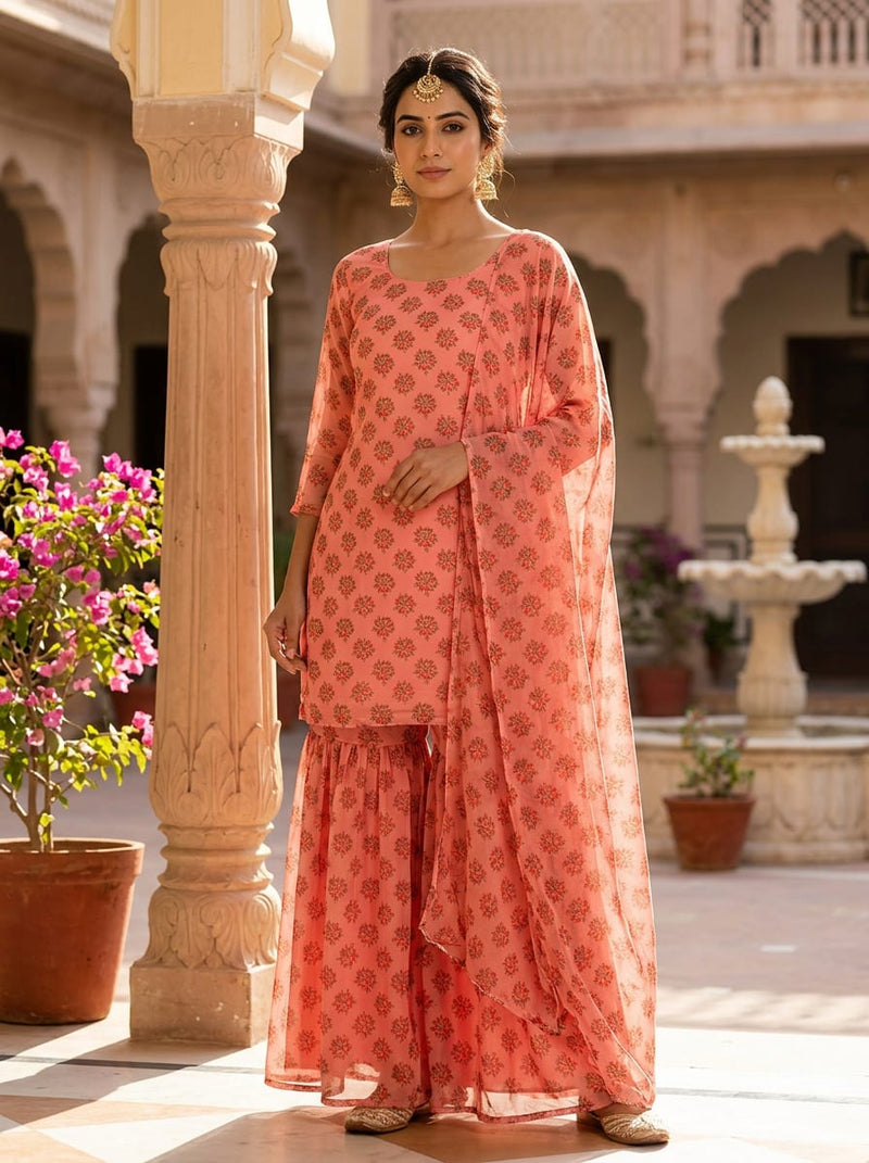 Peach Ditsy Ethnic Floral Pure Georgette Digital Printed Fabric