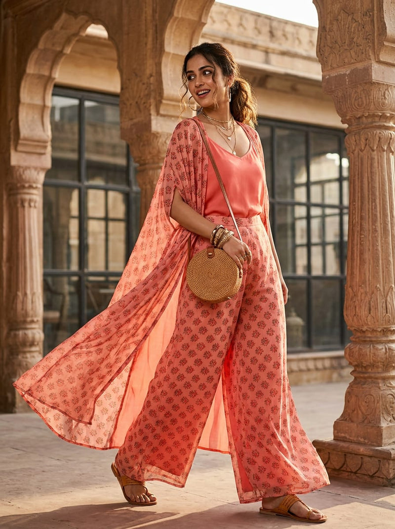 Peach Ditsy Ethnic Floral Pure Georgette Digital Printed Fabric
