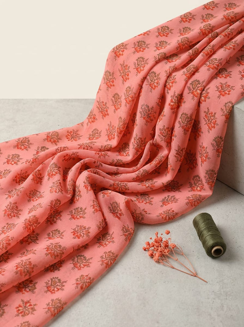 Peach Ditsy Ethnic Floral Pure Georgette Digital Printed Fabric