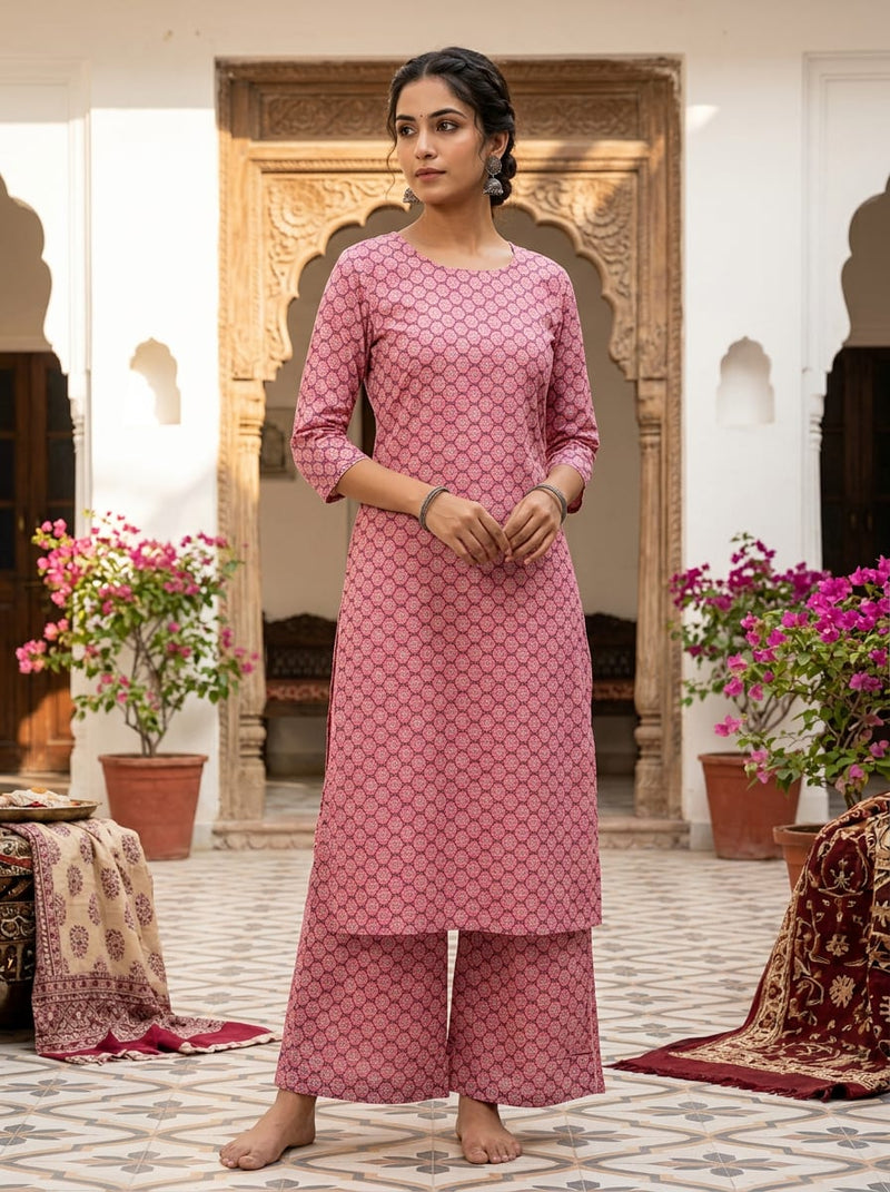 Pink Small Geometric Medallion Pure Cotton Digital Printed Fabric