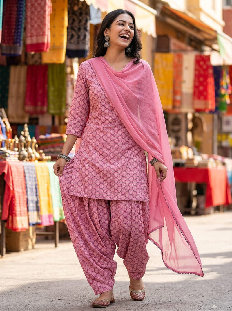 Pink Small Geometric Medallion Pure Cotton Digital Printed Fabric