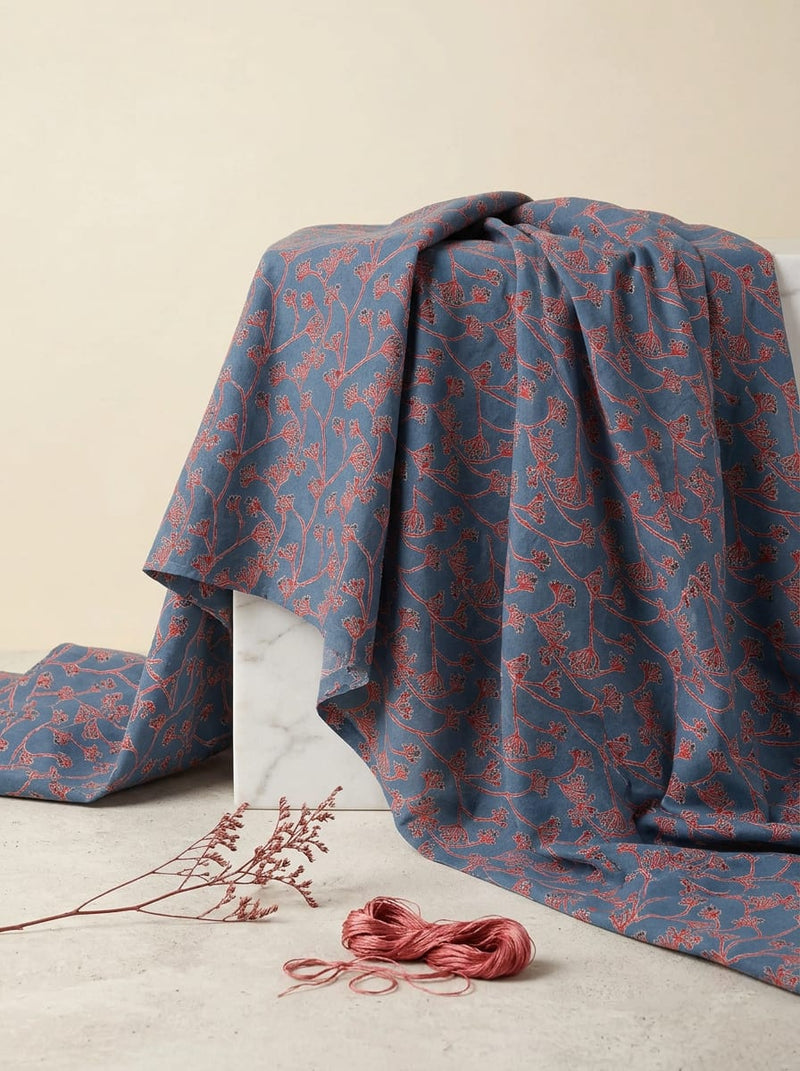 Blue Red Botanical Branch Print Pure Cotton Digital Printed Fabric
