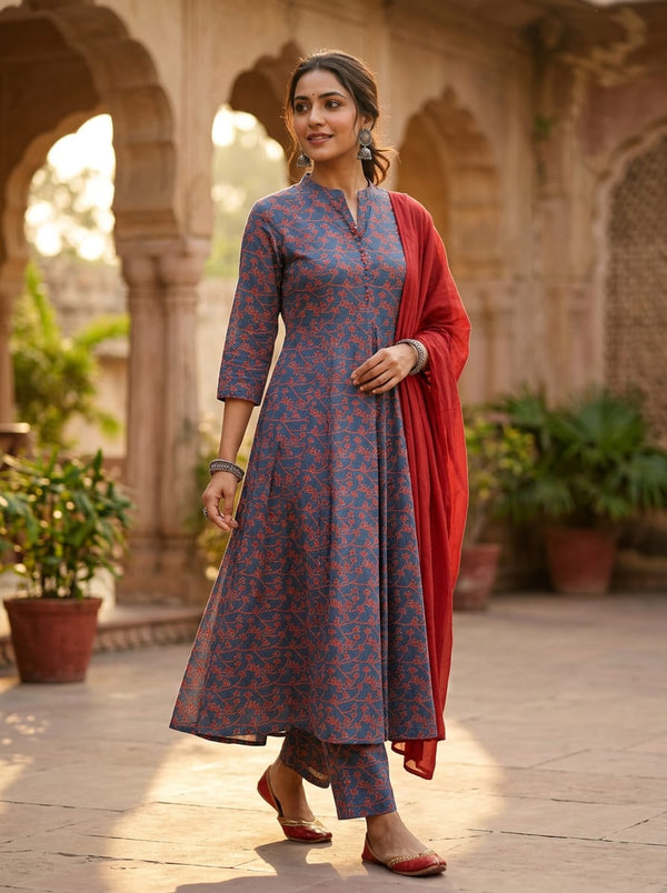 Blue Red Botanical Branch Print Pure Cotton Digital Printed Fabric - A-Line Kurta with Salwar Lookbook - PCO-0-MA1058-108 - alternate view